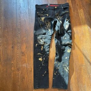 Krome 34”x32” Black Straight Leg Jeans with Gold Paint Splatters